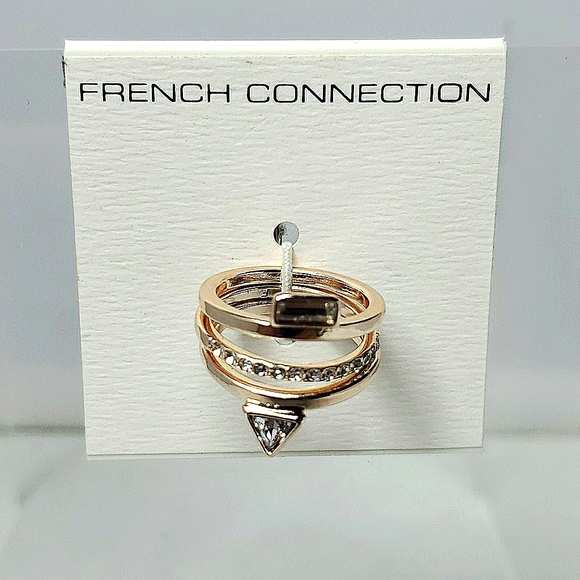 French Connection 3 Piece Rose Gold Crystal Ring Set Size 7 - Picture 1 of 4